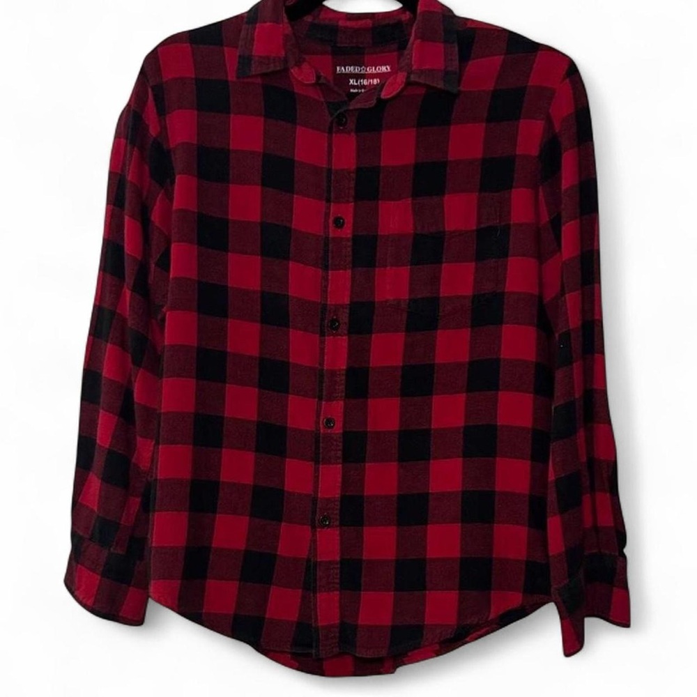 Faded Glory VTG 2000s Classic Black & Red Checkered Emo Grunge LS Flannel — XL - Picture 3 of 5